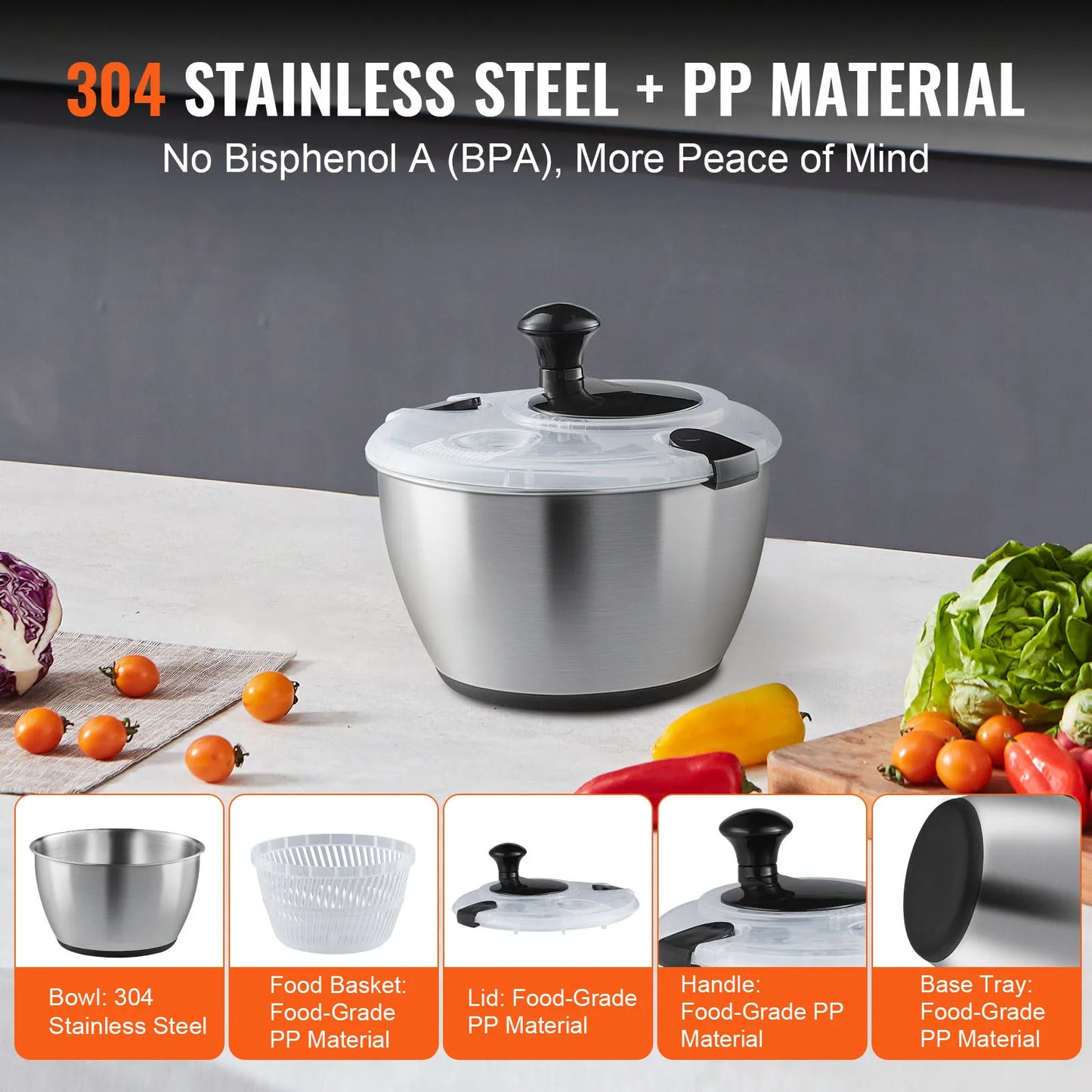SucceBuy Stainless Steel Salad Spinner 4.75Qt One-handed Easy Press Large Vegetable Dryer Washer Lettuce Cleaner and Dryer