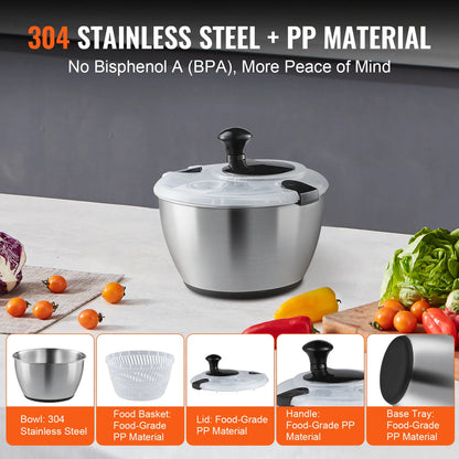 SucceBuy Stainless Steel Salad Spinner 4.75Qt One-handed Easy Press Large Vegetable Dryer Washer Lettuce Cleaner and Dryer