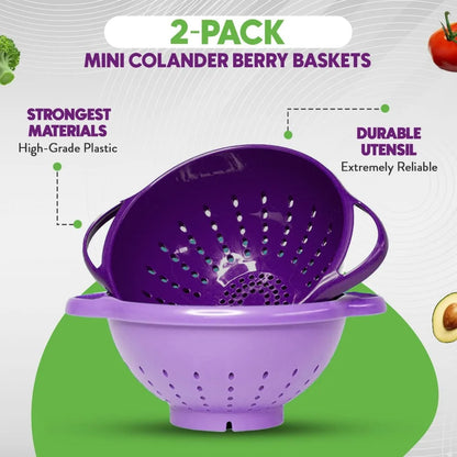2-Piece Mini Colander Berry Baskets With Handles - Food Strainers For Kitchen - Small Colander For Berries, Strawberry & Grape