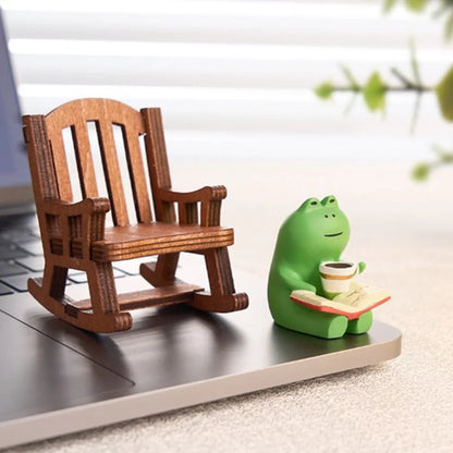 Handmade DIY Micro Rocking Chair Rocking Chair Design with Book Coffee Cute Frog Fat Miniature Home Bedroom Office Decoration