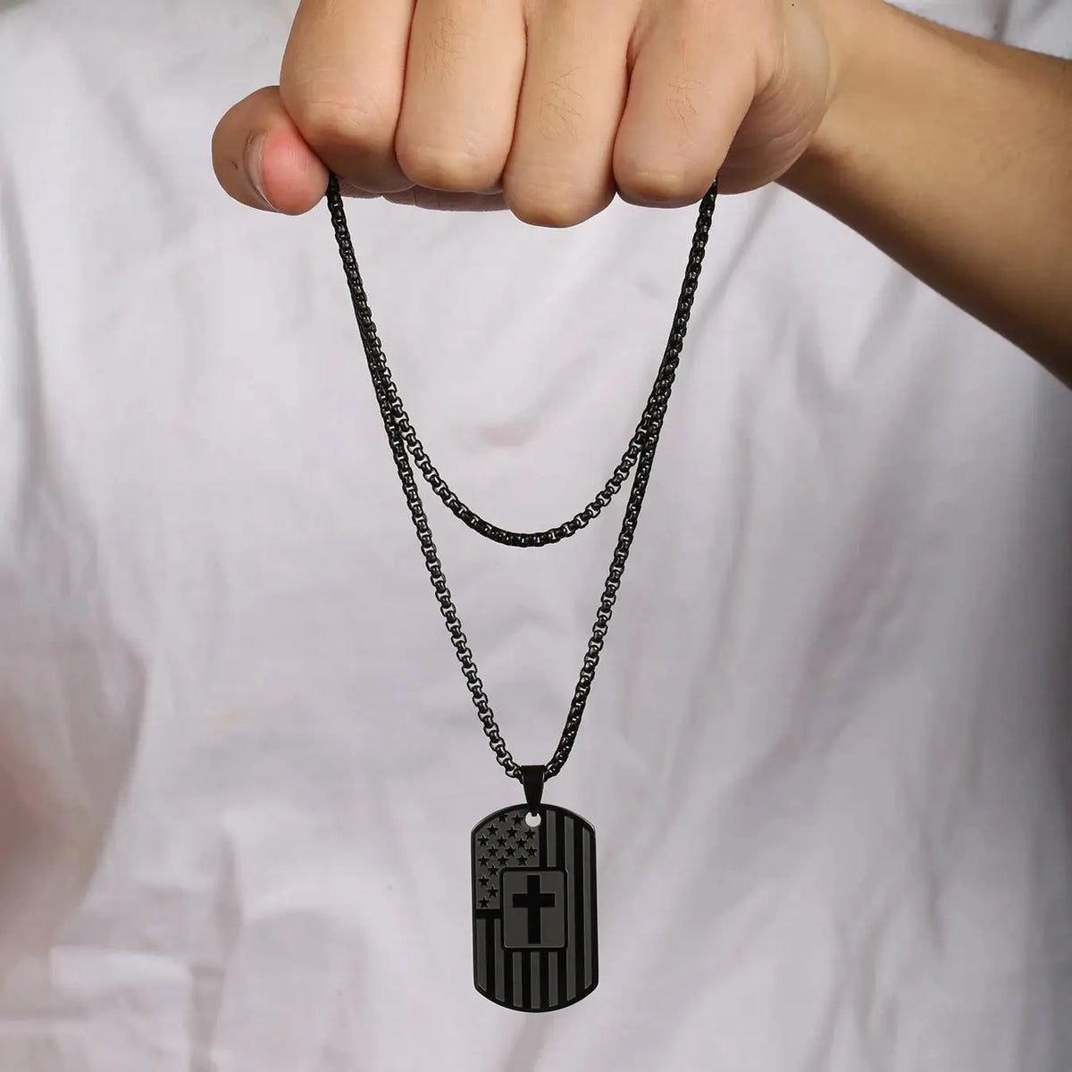 Stainless Steel USA Flag Bible Verse Cross Necklace
