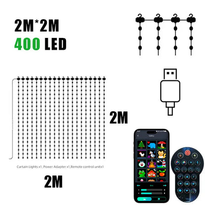 400LEDs Curtain Light String RGB String Lights APP Remote Control Music Sync USB Plug Curtain Light for Room Curtain Decorations