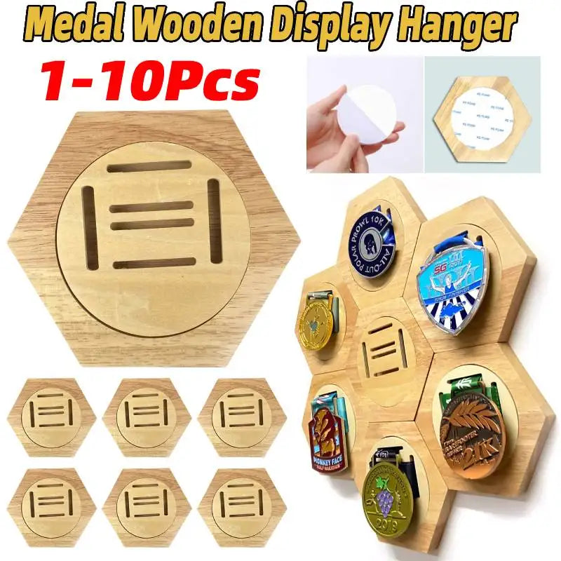 1-10Pcs Honeycomb Combination Stand Honor Marathons Medal Display Racks Hexagonal Wood Display Holder Board Hanger Wall Decor