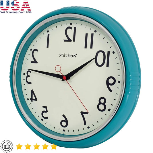 Retro Analog Quartz Wall Clock Easy to Read Dial Vintage Home Decor Unique Design Quiet Movement 12 Inch Teal Color