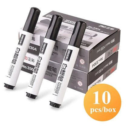 10 Pens/Box Whiteboard Marker Pen Easy to Wipe Quick Drying Water-based Marker Writing Board Erasable