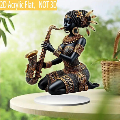 African Lady Figurine Sculpture with Saxophone Musical Instrument Handcrafted Tribal Art Statue for Home Office Decor and