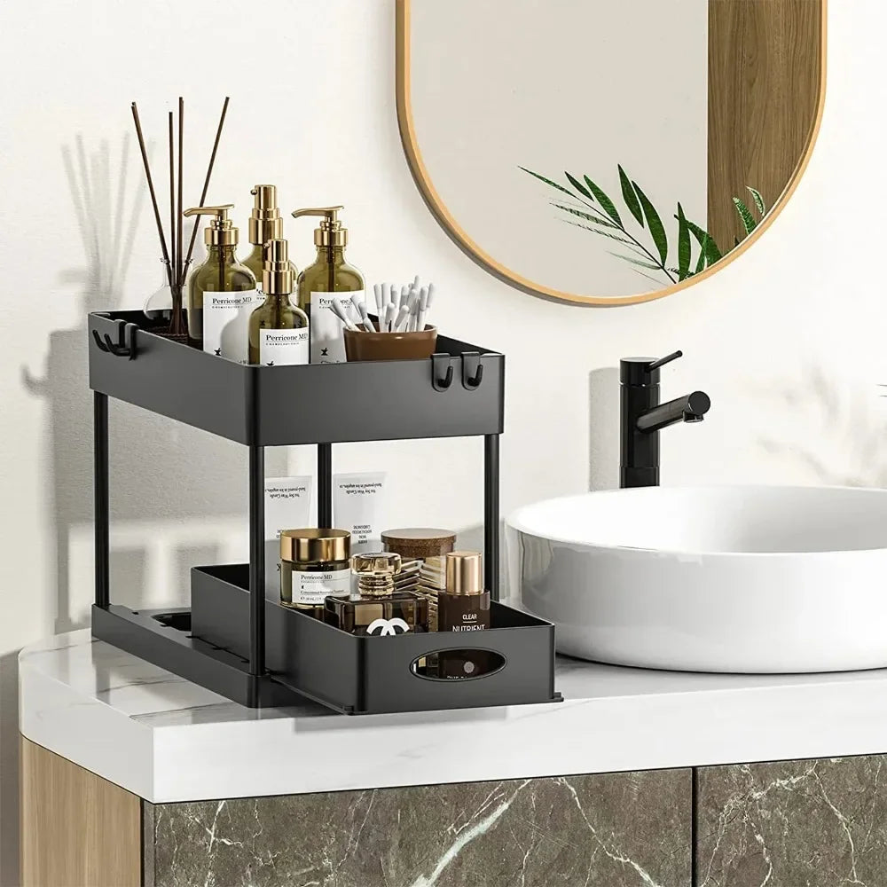 Under Sink 2 Tier Sliding Cabinet Basket Organizer Storage Rack with Hooks Hanging Cup Bathroom Multifunctional Storage Rack
