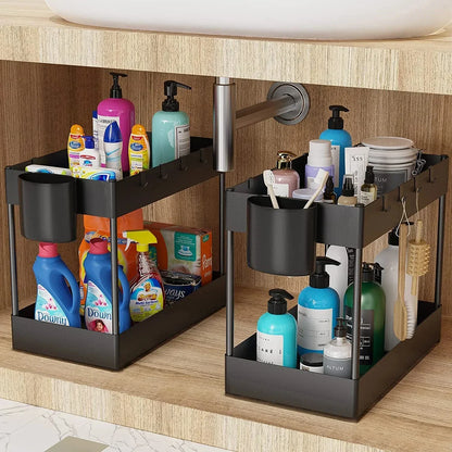 Under Sink 2 Tier Sliding Cabinet Basket Organizer Storage Rack with Hooks Hanging Cup Bathroom Multifunctional Storage Rack