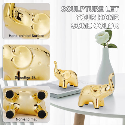 A Pair Golden Resin Elephant Sculpture Craft Elegant Elephant Trunk Sculpture Lucky Wealth Figurine Crafts Ornaments Home Decor