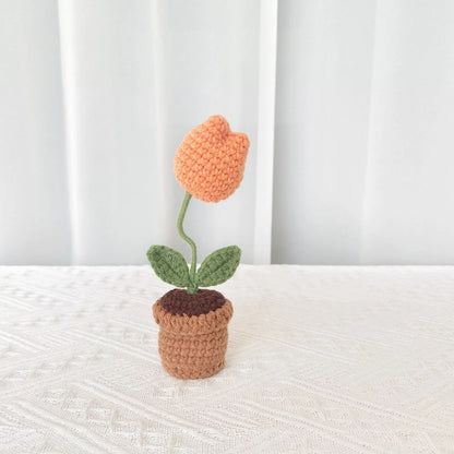 New Hand Knitting Potted Plants Handwoven Rose Sunflower Tulip Crochet Flower Bouquet Potted Ornament Table Home Room Decoration