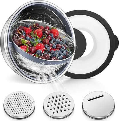 4-1 Colander with Bowl Set, Rotatable Colander for Kitchen, Stainless Steel Food Strainers and Colanders Mixing Bowl with Grate