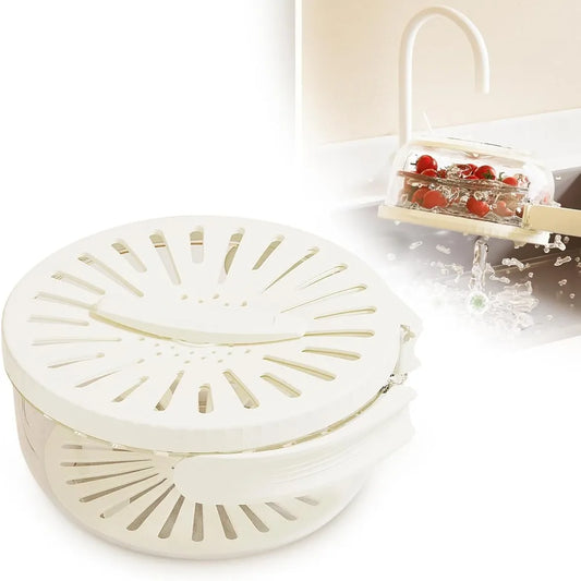 Fruit Storage Containers for Fridge, Bilayer Collapsible Fruit Washing Basket with Cover and Handle, Multifunctional Drain Bowl