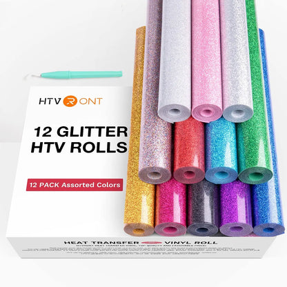 HTVRONT 12 Pack Glitter HTV Heat Transfer Vinyl Roll 12 in x 5 ft for Cricut T-shirt Printing DIY Iron on HTV Film Christmas