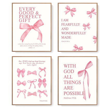 Set of 4 Elegant Bowknot Wall Art Pieces with Inspirational Quotes - Frameless Decor for Living Room Bedroom or Nursery