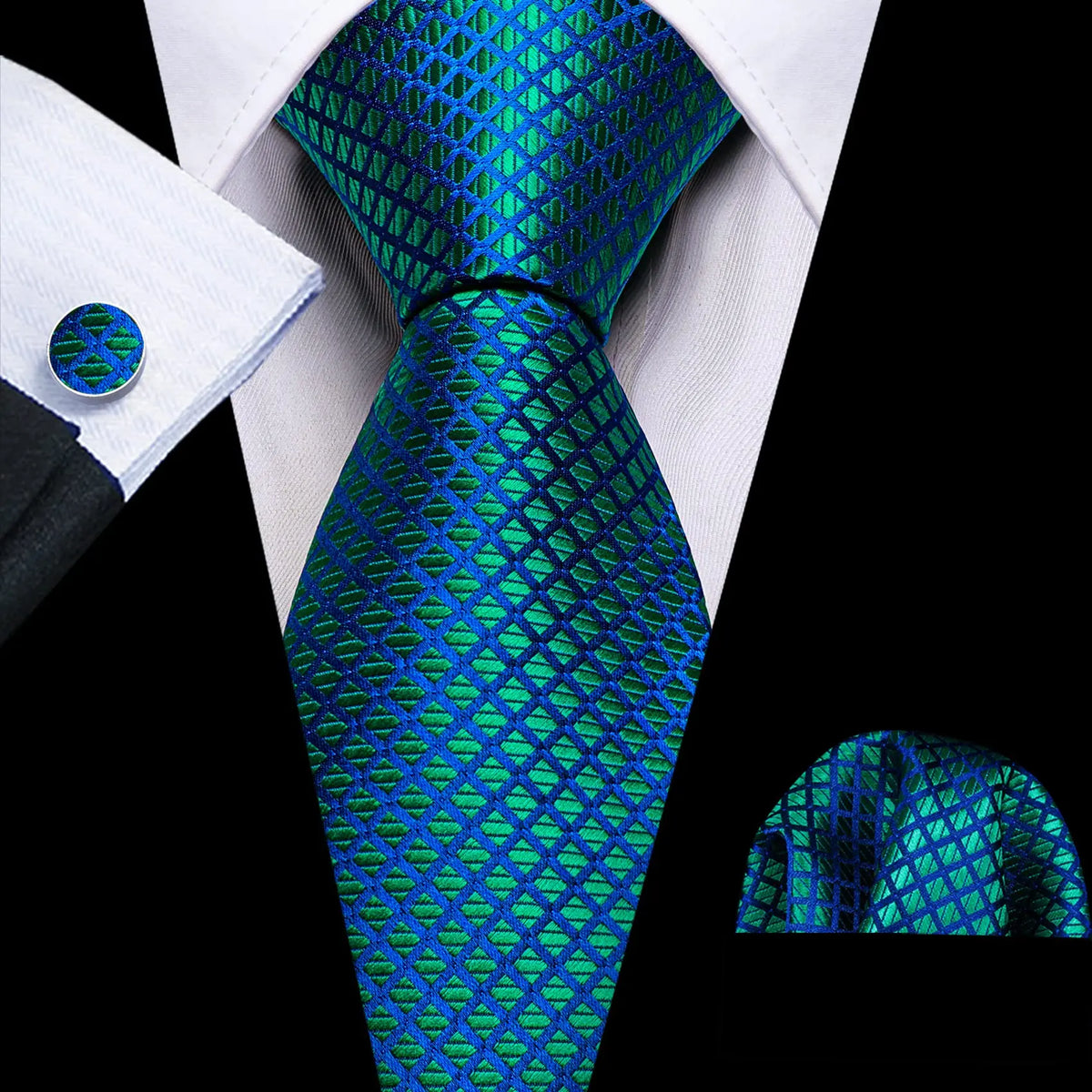Blue-Green Plaid Tie Handkerchief Cufflinks Set