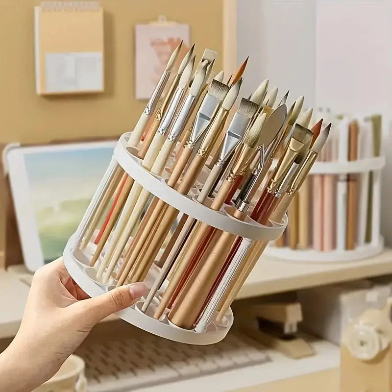 360° Rotating Brush Holder - White Plastic Organizer, Space-Saving Design for Art Brushes, Pens, Makeup Tools