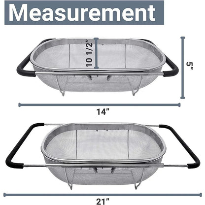 Over the Sink Colander Strainer Basket Stainless Steel, For Kitchen Sink with Rubber Grip, Fine Mesh, Large Kitchen Gadgets Too