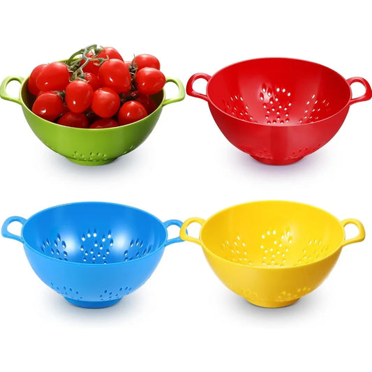 4 Pack Mini Colander for Kitchen Plastic Berry Strainer with Double Handles 7.5 x 6 x 3 Inch Small Colander Strainer for Fruits