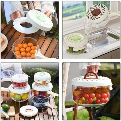 Fruit Washing Bowl with Strainer and ice box, Strainer Container with Lid, 2 in 1 Drain Basket with Foldable Handle, Berry Fruit