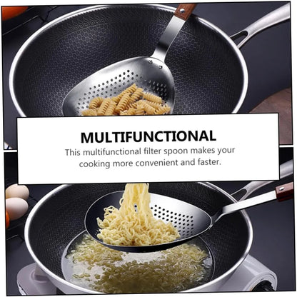 Stainless Steel Slotted Spoon Wooden Handle Food Serving Strainer for Hot Pot and Frying Kitchen Colander for Pasta and Oil Drai