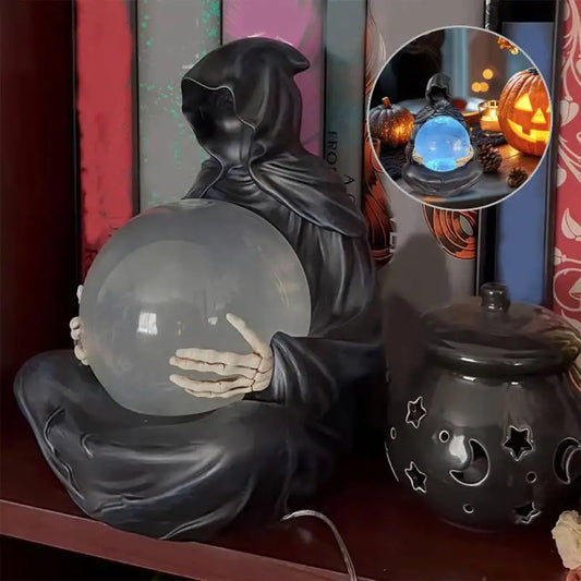 Halloween Gothic Reaper Crystal Ball Grim Reaper Statue with Floating Bats Scary Magical Glowing Balls Home Atmosphere Decor