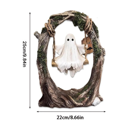 Ghost on Tree Swing Statue Resin Small Ghost Figurine Multi-Purpose Lovely Ghost Decorations for Desktop Bookshelf Decor