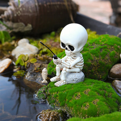 Spooky Halloween Skeleton Fisherman Figurine Day of The Dead Gothic Resin Statue for Outdoor Garden Decor