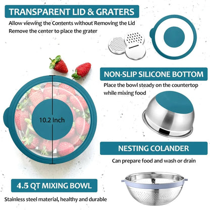 E-far Colander with Mixing Bowl Set, 4-1 Stainless Steel Colander Strainers Bowl with Graters for Kitchen, Rotatable Food Strain