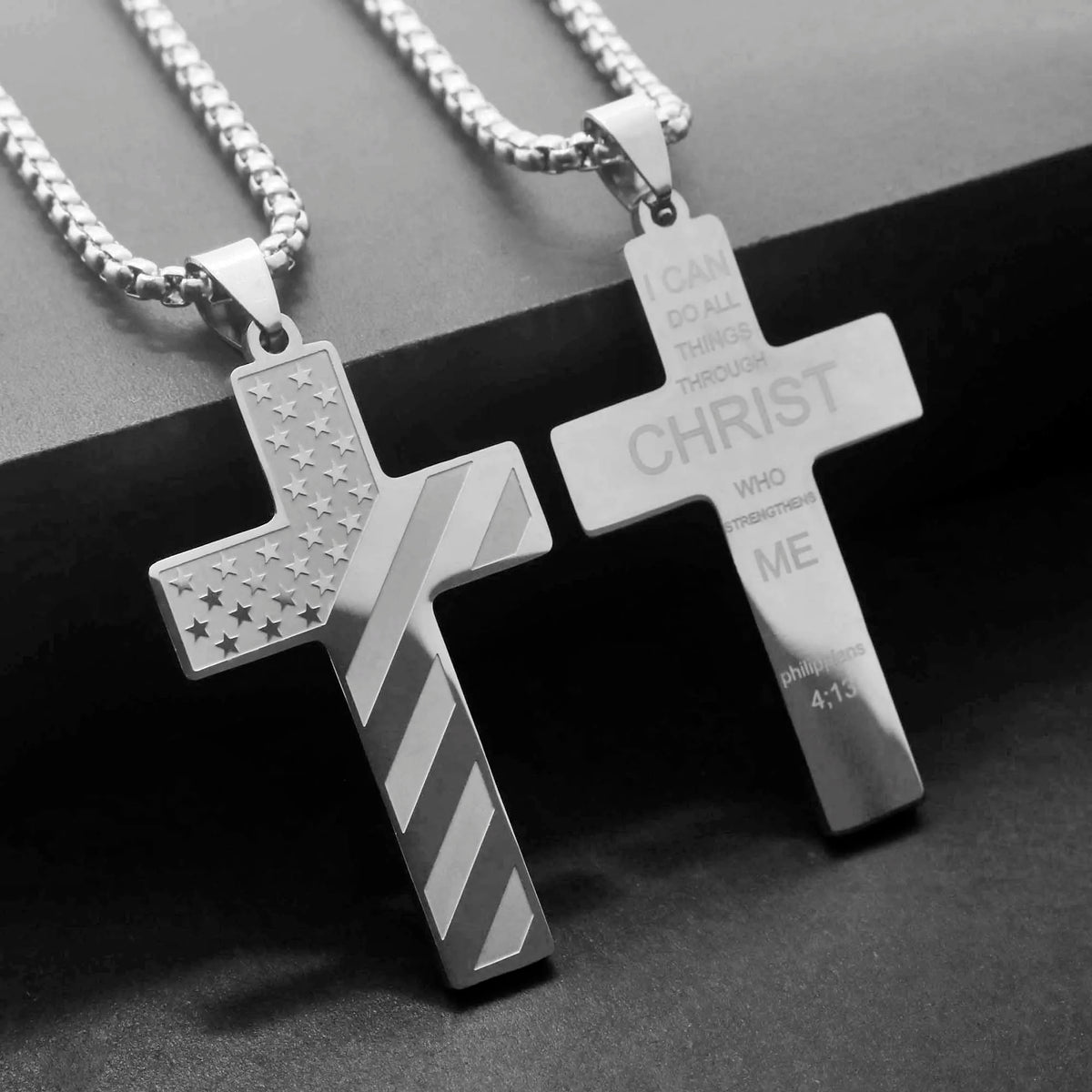 Stainless Steel Necklace USA Flag Cross Bible Verse