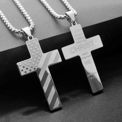 Stainless Steel Necklace USA Flag Cross Bible Verse