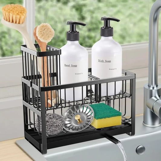 Sponge Holder for Kitchen Sink Organizer Caddy,2 Tier Dish Brush Scrubber Holder,Stainless Steel Sink Box Utensil Holder,Soap D