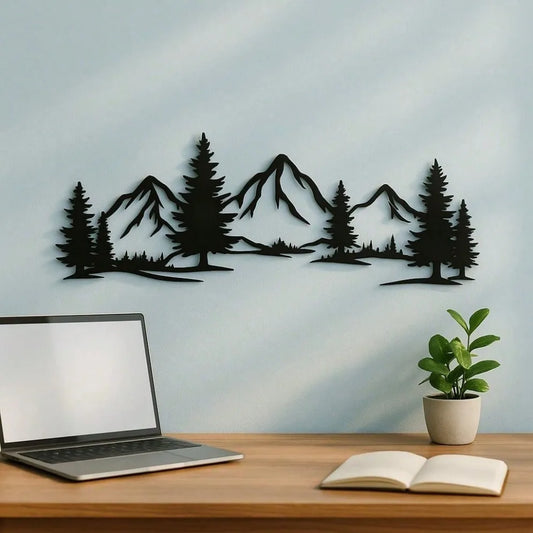 1PC Mountain and Forest Metal Wall Art – Black Modern Farmhouse Decor for Living Room & Bedroom | Nature-Inspired Rustic Hanging