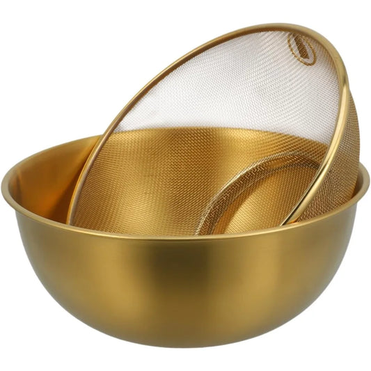 1 Set Stainless Steel Colander and Bowl Set Fine Mesh Strainer with Gold Bowl Compact Kitchen Drainage for Rinsing Fruits Veget