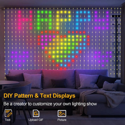 Smart Curtain Lights Bluetooth App Control RGB LED String Waterproof Fairy Light USB DIY Text Pattern Display Halloween Decor