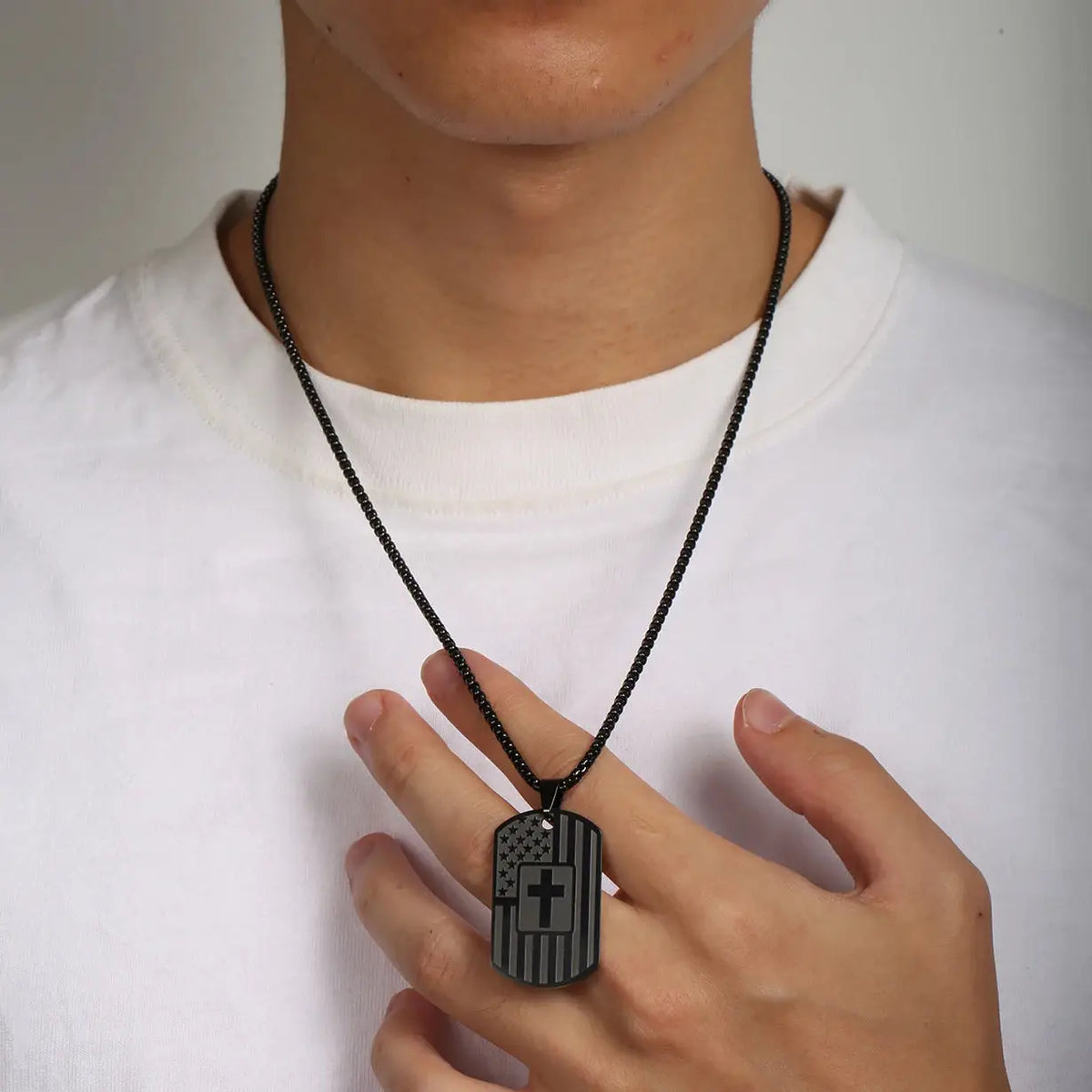Stainless Steel USA Flag Bible Verse Cross Necklace
