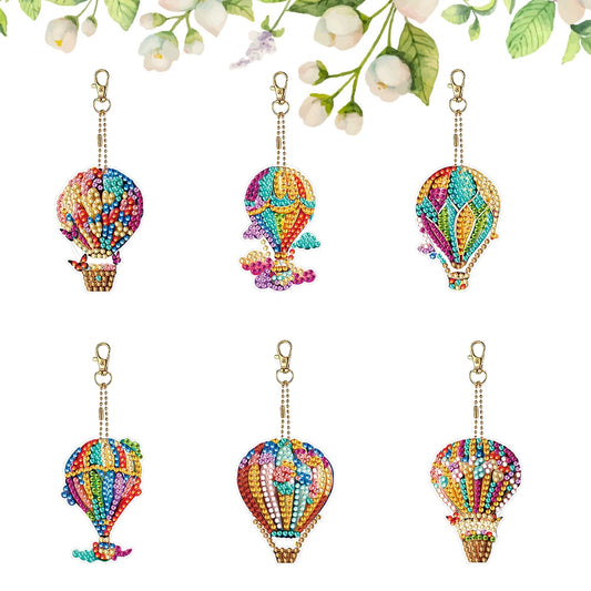6Pcs Acrylic Double Sided Hot Air Balloon Full Drill Keyring Diamond Painting Art Keychain Pendant for Birthday Party Decor