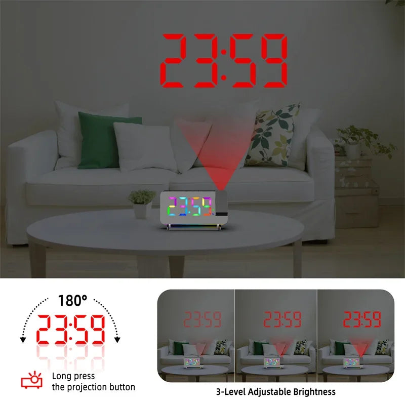 180° Projection Alarm Clock with RGB Mood Light FM Radio 6 Levels Volume Table Clock 12H/24H 2 USB Output Port LED Digital Clock