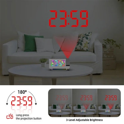 180° Projection Alarm Clock with RGB Mood Light FM Radio 6 Levels Volume Table Clock 12H/24H 2 USB Output Port LED Digital Clock