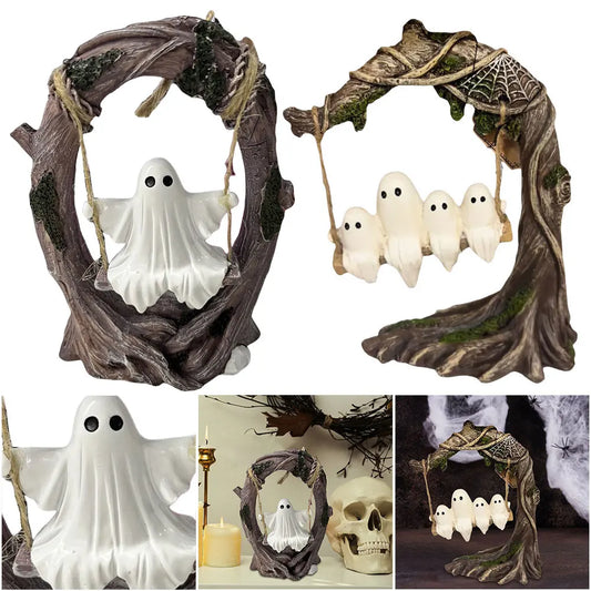 Halloween White Ghost Sculptures Funny Tree Hanging Ornaments White Ghost Swing Decorations for Tabletop Centerpiece