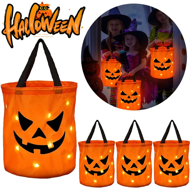 Trick-or-Treat Props Glowing LED Handheld Candy Bag Light Up Pumpkin Candy Bag for Halloween Night Supplies Party Decor