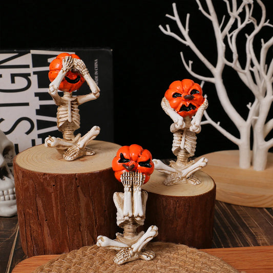 3pcs  Halloween Pumpkin Skeleton Yoga Meditation Skull Decor Pumpkin Head Figurine for Home Desk Office Zen Decorations