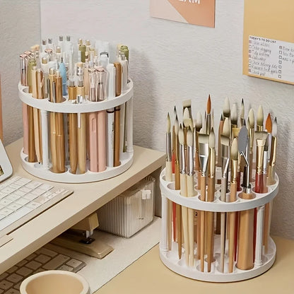 360° Rotating Brush Holder - White Plastic Organizer, Space-Saving Design for Art Brushes, Pens, Makeup Tools