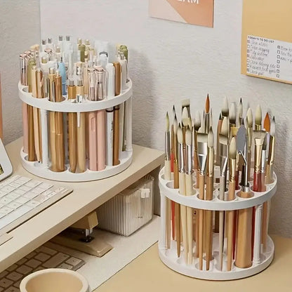 360° Rotating Brush Holder - White Plastic Organizer, Space-Saving Design for Art Brushes, Pens, Makeup Tools