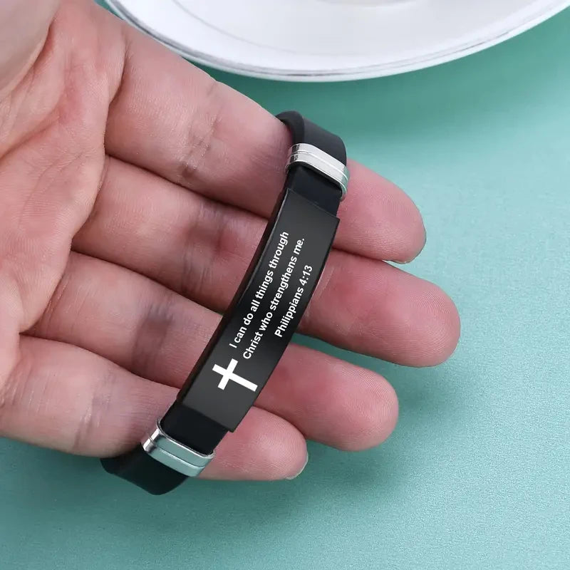 Cross Bible Verse Bracelet Black Stainless Steel Inspirational Bracelets