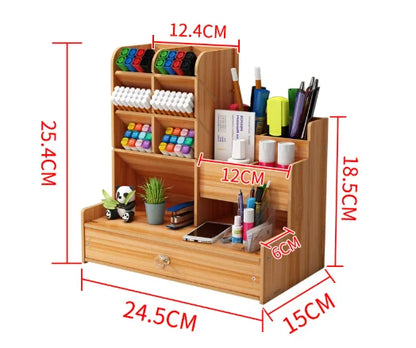 Wooden Desk Organiser DIY Desktop Tidy Pen Holder Large Capacity Stationery Storage Box with Drawer for Home Office and School