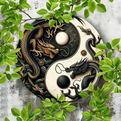 "Yin-Yang Chinese Dragon" Metal Sign – Black & White Oriental Home Decor