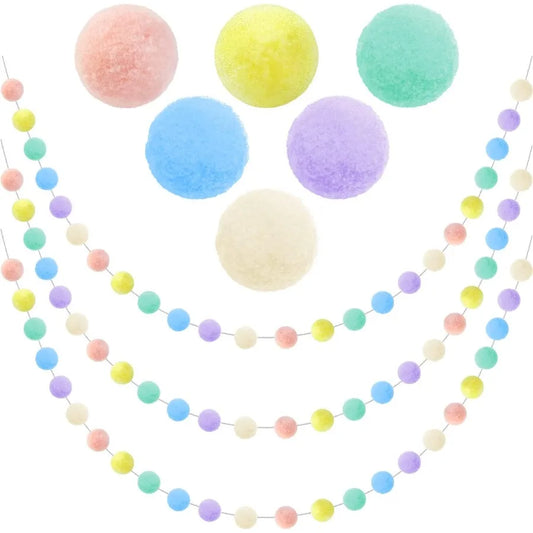 3pk Pastel Pom Pom Garland Easter Decorations Spring Home Decor Indoor Living Room Wall Classroom Xmas Tree Cute Hanging Rainbo