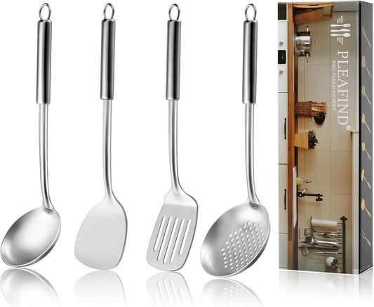 4-Pcs Cooking Utensils Set, Stainless Steel Kitchen Utensils, Wok Utensils Set Include Wok Ladle, Slotted Spoon, Wok Spatula an