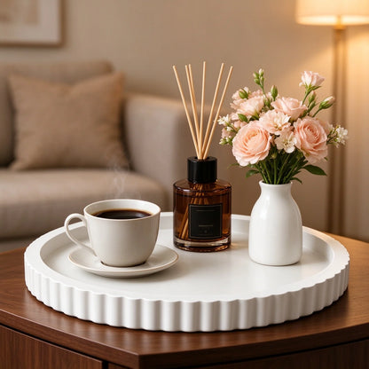 White Round Fluted Decorative Resin Tray for Bathroom Vanity, Perfume, Jewelry & Decor