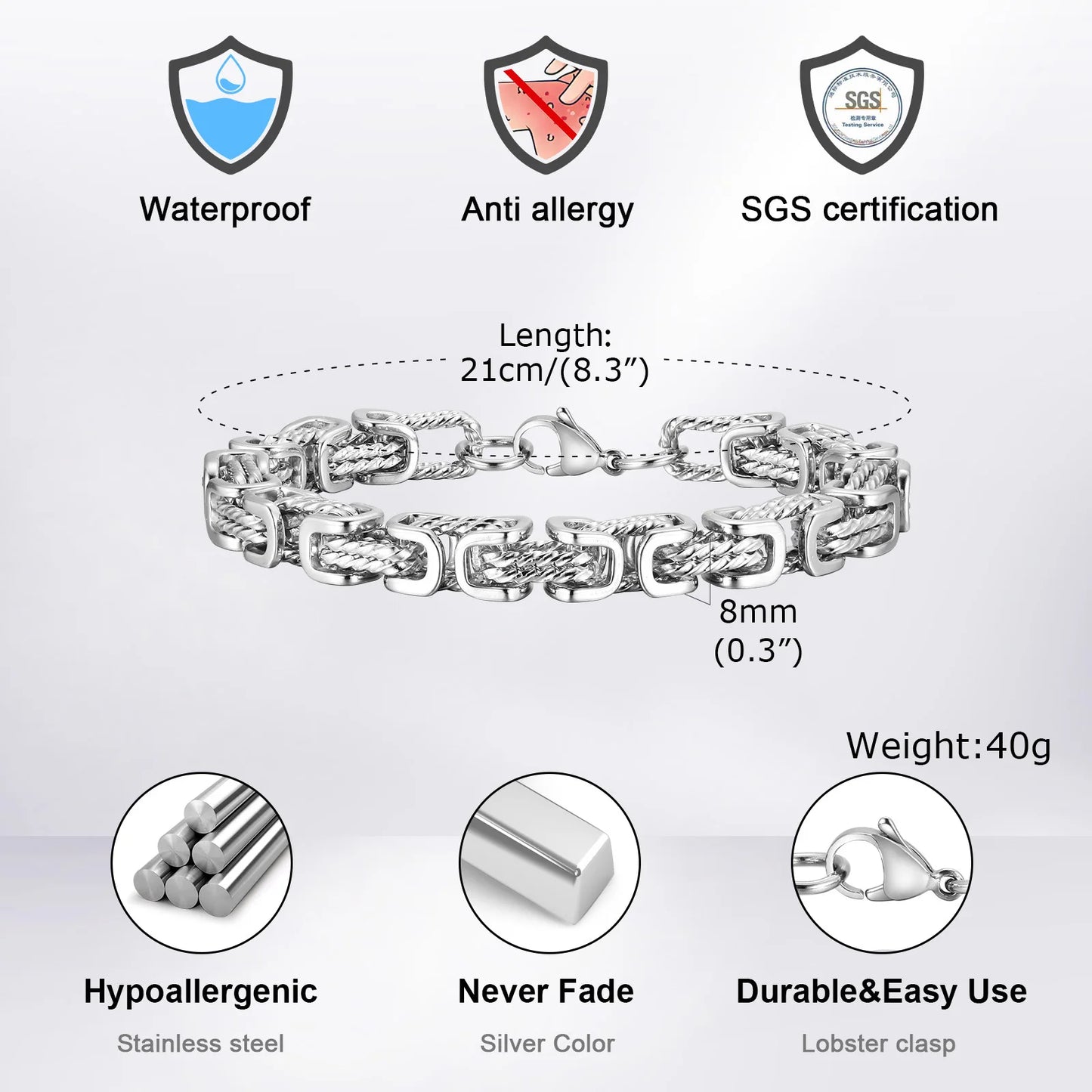 Stainless Steel Bracelet 8mm Wide Vintage Style Bold Square Links Chain Wristband